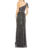 Mac Duggal Embellished Mesh One Shoulder Neck Sleeveless Tie Gown