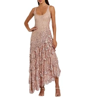 Mac Duggal Embellished Mesh Scoop Neck Sleeveless Ruffle Asymmetrical Hem Maxi Dress