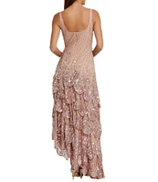 Mac Duggal Embellished Mesh Scoop Neck Sleeveless Ruffle Asymmetrical Hem Maxi Dress