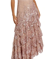 Mac Duggal Embellished Mesh Scoop Neck Sleeveless Ruffle Asymmetrical Hem Maxi Dress