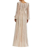 Mac Duggal Embellished Mesh Striped Beaded Boat Neck Long Sleeve Gown