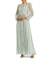 Mac Duggal Embellished Mesh Striped Beaded Boat Neck Long Sleeve Gown