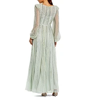 Mac Duggal Embellished Mesh Striped Beaded Boat Neck Long Sleeve Gown