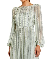 Mac Duggal Embellished Mesh Striped Beaded Boat Neck Long Sleeve Gown