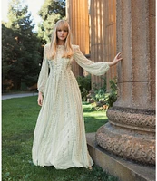 Mac Duggal Embellished Mesh Striped Beaded Boat Neck Long Sleeve Gown