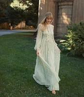 Mac Duggal Embellished Mesh Striped Beaded Boat Neck Long Sleeve Gown