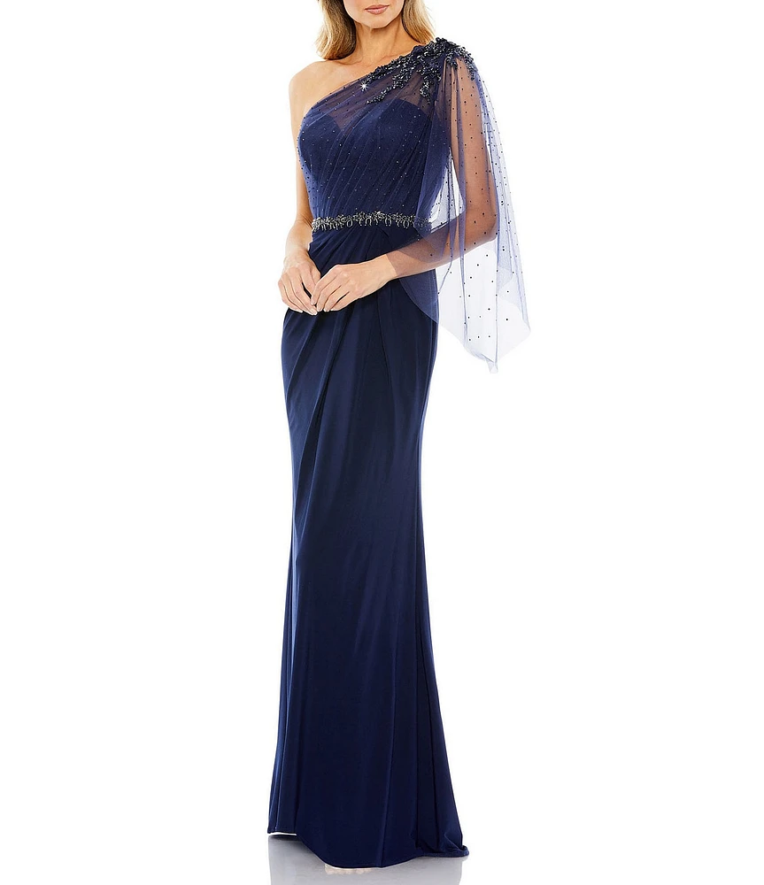 Mac Duggal Embellished One Shoulder Asymmetrical Draped Gown
