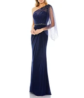 Mac Duggal Embellished One Shoulder Asymmetrical Draped Gown