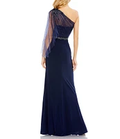 Mac Duggal Embellished One Shoulder Asymmetrical Draped Gown