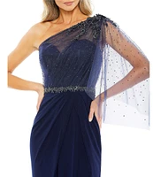 Mac Duggal Embellished One Shoulder Asymmetrical Draped Gown