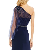 Mac Duggal Embellished One Shoulder Asymmetrical Draped Gown