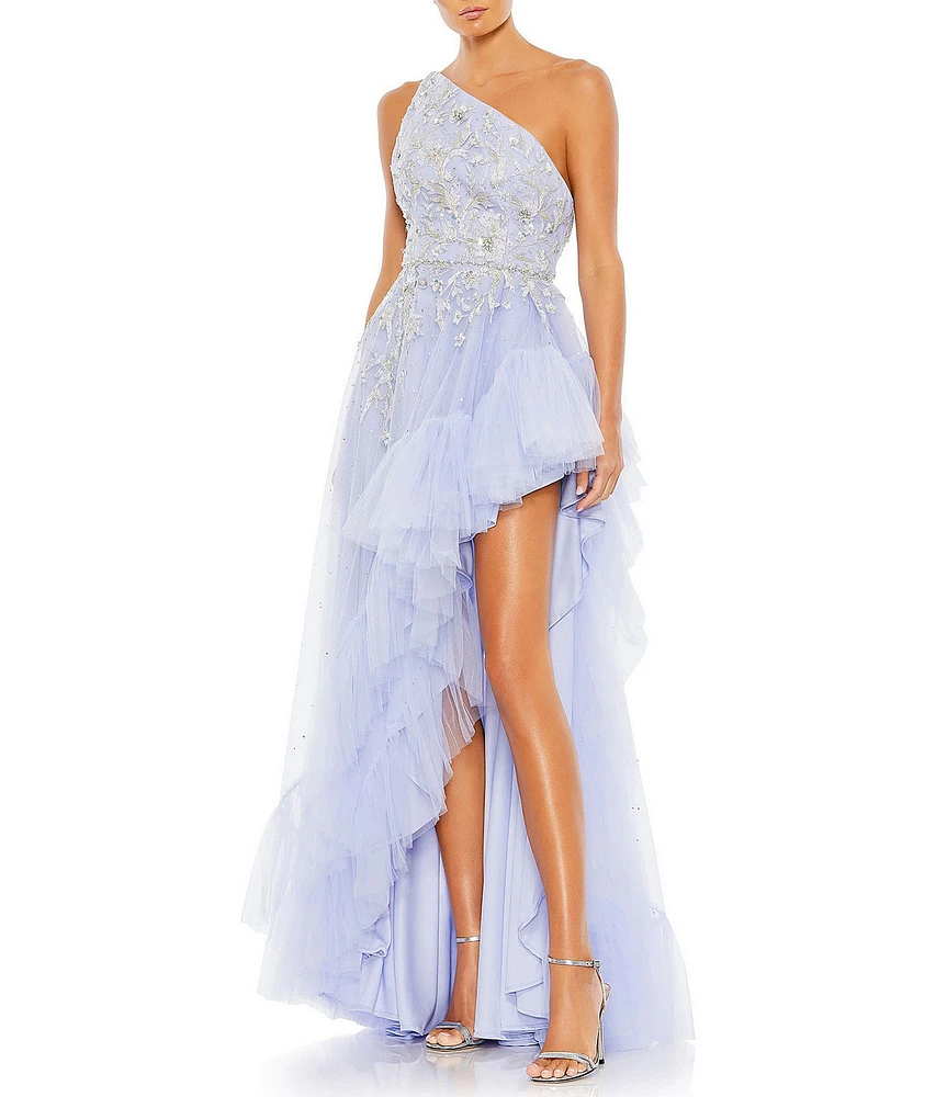 Mac Duggal Embellished One Shoulder Sleeveless Ruffle Hem Open Back Detail Asymmetrical Gown
