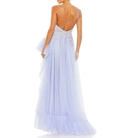 Mac Duggal Embellished One Shoulder Sleeveless Ruffle Hem Open Back Detail Asymmetrical Gown