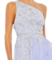 Mac Duggal Embellished One Shoulder Sleeveless Ruffle Hem Open Back Detail Asymmetrical Gown