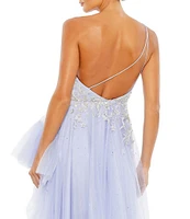 Mac Duggal Embellished One Shoulder Sleeveless Ruffle Hem Open Back Detail Asymmetrical Gown