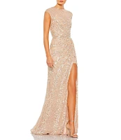 Mac Duggal Embellished Sequin Illusion High Neck Cap Sleeve Thigh High Slit Gown