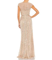 Mac Duggal Embellished Sequin Illusion High Neck Cap Sleeve Thigh High Slit Gown