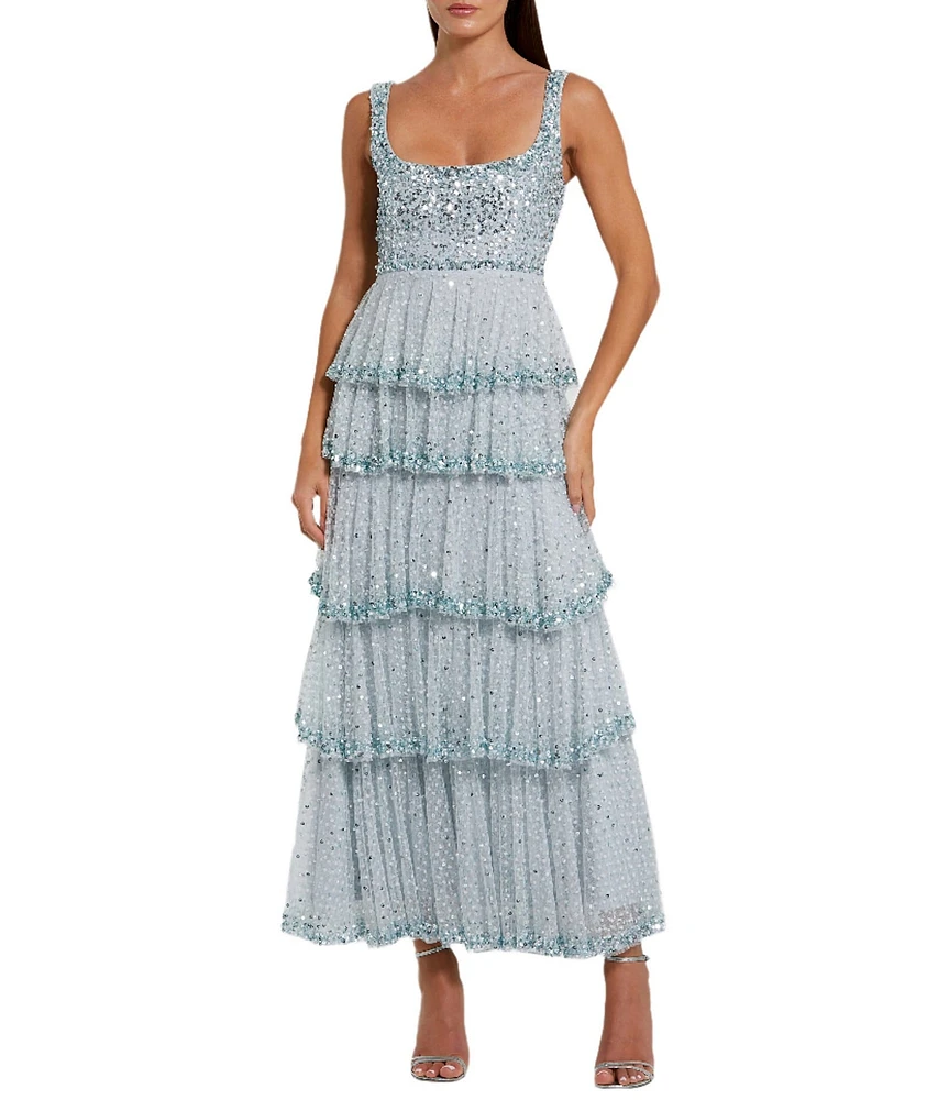 Mac Duggal Embellished Square Neck Sleeveless Ruffle Tiered Maxi Dress