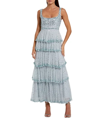Mac Duggal Embellished Square Neck Sleeveless Ruffle Tiered Maxi Dress