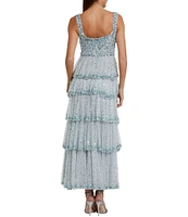 Mac Duggal Embellished Square Neck Sleeveless Ruffle Tiered Maxi Dress