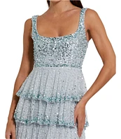 Mac Duggal Embellished Square Neck Sleeveless Ruffle Tiered Maxi Dress