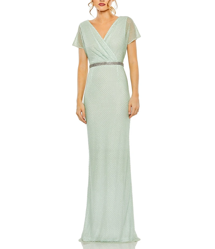 Mac Duggal Embellished V-Neck Short Sleeve Column Gown