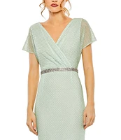 Mac Duggal Embellished V-Neck Short Sleeve Column Gown