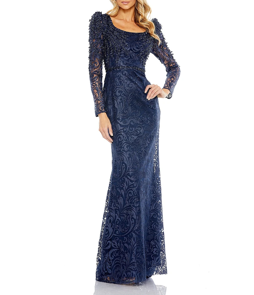 Mac Duggal Embroidered Applique Square Neck Long Sleeve Trumpet Gown