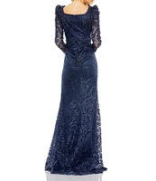 Mac Duggal Embroidered Applique Square Neck Long Sleeve Trumpet Gown