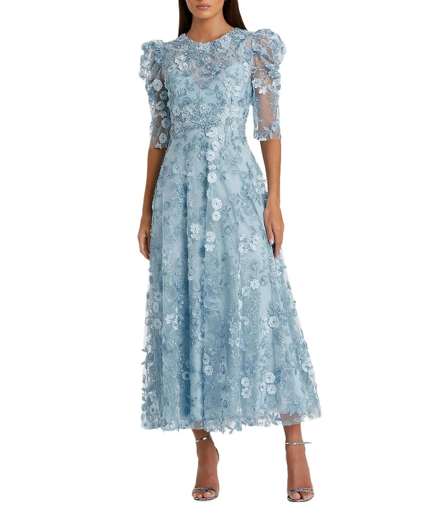 Mac Duggal Embroidered Floral Lace Crew Neck 3/4 Puff Sleeve A-Line Midi Dress