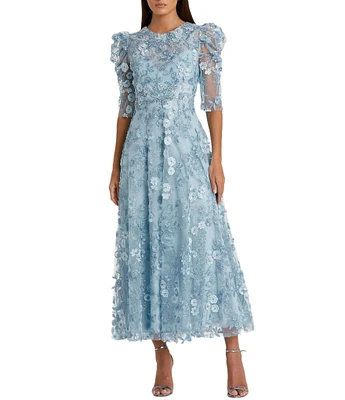 Mac Duggal Embroidered Floral Lace Crew Neck 3/4 Puff Sleeve A-Line Midi Dress