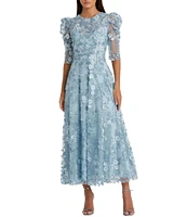 Mac Duggal Embroidered Floral Lace Crew Neck 3/4 Puff Sleeve A-Line Midi Dress