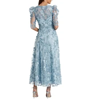 Mac Duggal Embroidered Floral Lace Crew Neck 3/4 Puff Sleeve A-Line Midi Dress
