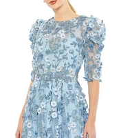Mac Duggal Embroidered Floral Lace Crew Neck 3/4 Puff Sleeve A-Line Midi Dress