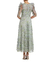 Mac Duggal Embroidered Floral Lace Crew Neck 3/4 Puff Sleeve A-Line Midi Dress