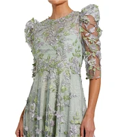 Mac Duggal Embroidered Floral Lace Crew Neck 3/4 Puff Sleeve A-Line Midi Dress
