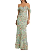 Mac Duggal Embroidered Floral Off-The-Shoulder Neck Draped Sleeve Gown