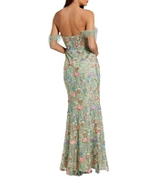 Mac Duggal Embroidered Floral Off-The-Shoulder Neck Draped Sleeve Gown
