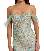 Mac Duggal Embroidered Floral Off-The-Shoulder Neck Draped Sleeve Gown