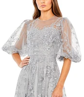 Mac Duggal Embroidered Illusion Crew Neck Short Puffed Sleeve Gown