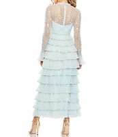Mac Duggal Embroidered Crew Neck Long Sleeve Tiered Ruffled Hem Dress