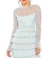 Mac Duggal Embroidered Crew Neck Long Sleeve Tiered Ruffled Hem Dress