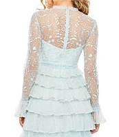 Mac Duggal Embroidered Crew Neck Long Sleeve Tiered Ruffled Hem Dress