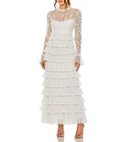Mac Duggal Embroidered Crew Neck Long Sleeve Tiered Ruffled Hem Dress