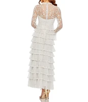 Mac Duggal Embroidered Crew Neck Long Sleeve Tiered Ruffled Hem Dress