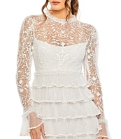 Mac Duggal Embroidered Crew Neck Long Sleeve Tiered Ruffled Hem Dress