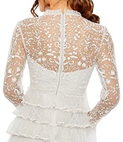 Mac Duggal Embroidered Crew Neck Long Sleeve Tiered Ruffled Hem Dress