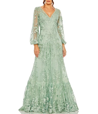 Mac Duggal Embroidered Lace V-Neck Long Balloon Sleeve Tiered A-Line Gown