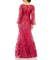 Mac Duggal Embroidered Lace V-Neck Long Balloon Sleeve Tiered A-Line Gown