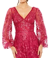 Mac Duggal Embroidered Lace V-Neck Long Balloon Sleeve Tiered A-Line Gown